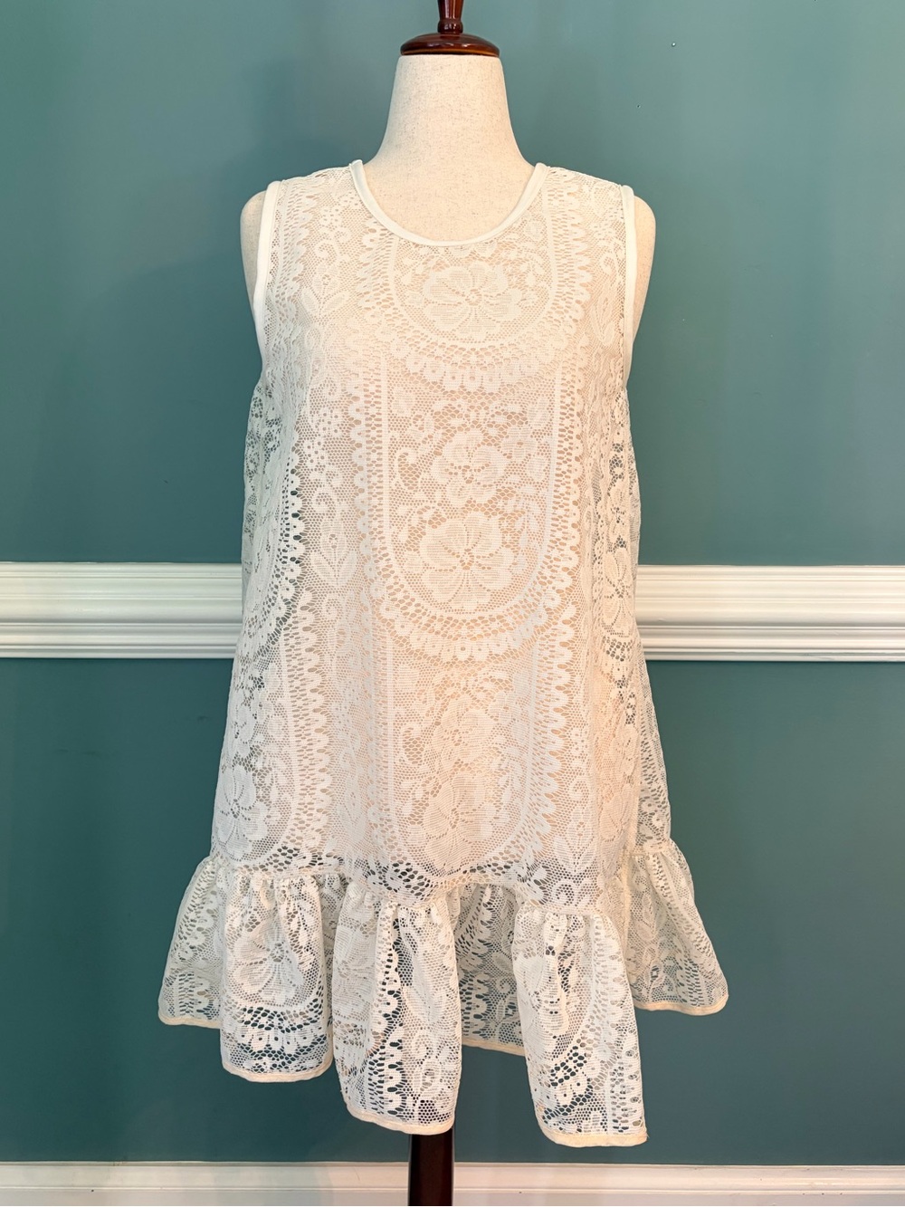 Women’s Handmade White Lace Ruffle Hem Dress - Reworked Lace Curtain
